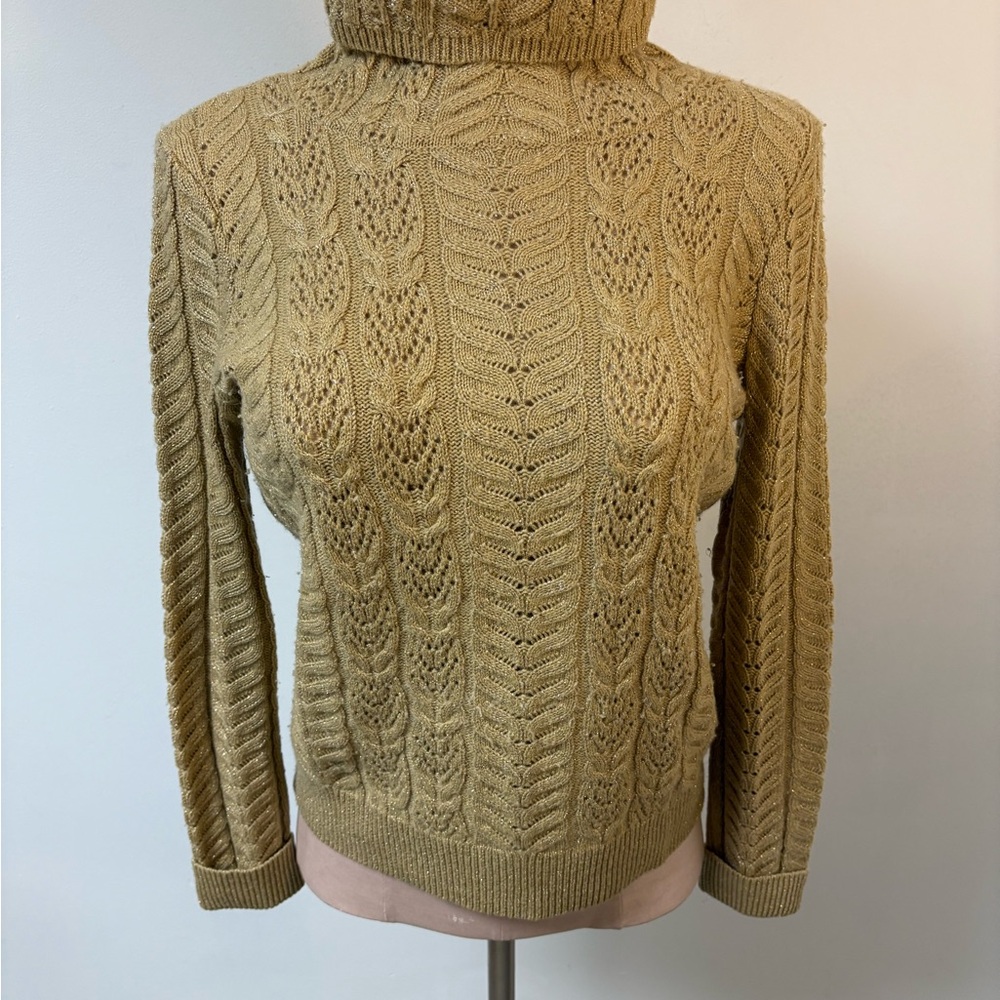 Lauren Ralph Lauren Metallic Gold Cable Knit Turtleneck Sweater Medium